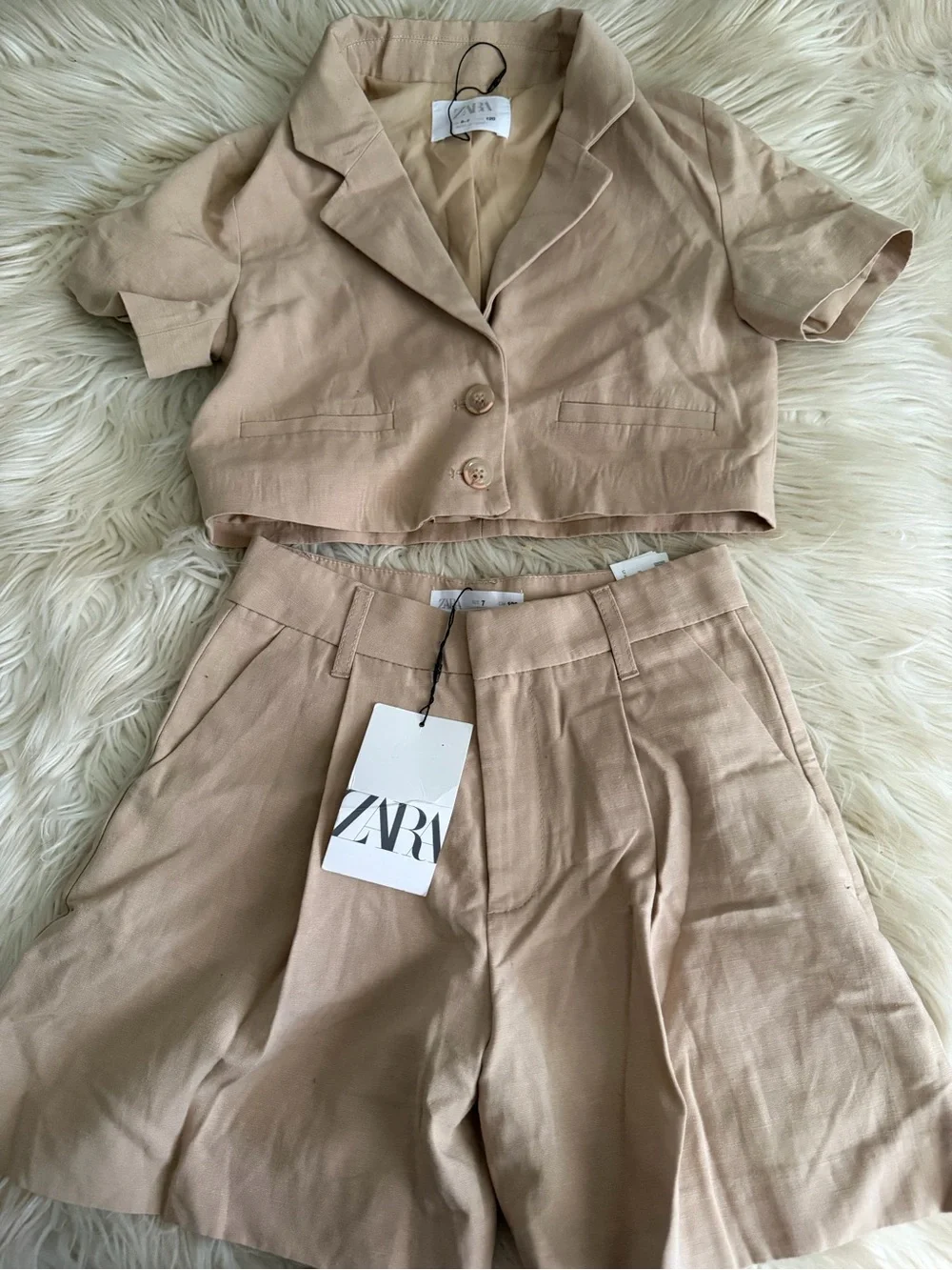 Zara Girls Beige Cropped Blazer and High-Waist Shorts Set